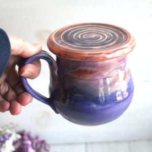 Image of Colorful Mug with Warming Lid, Shades of Purple Pottery Mug, Made in USA