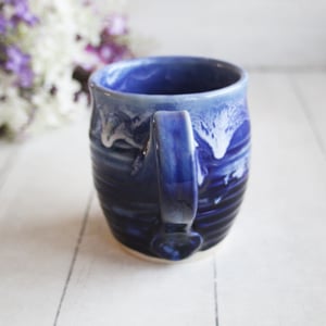 Image of Handcrafted Pottery Mug in Dripping Blue Glazes, 14 Ounce Gorgeous Artful Mug, Made in USA