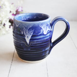 Image of Handcrafted Pottery Mug in Dripping Blue Glazes, 14 Ounce Gorgeous Artful Mug, Made in USA