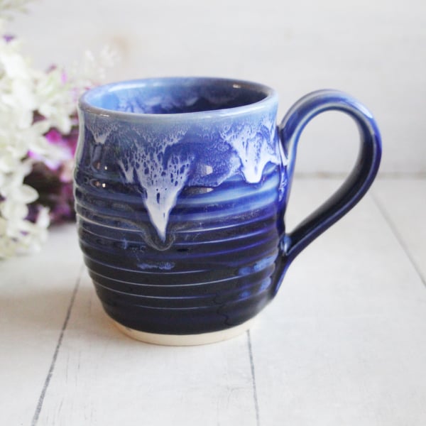 Image of Handcrafted Pottery Mug in Dripping Blue Glazes, 14 Ounce Gorgeous Artful Mug, Made in USA