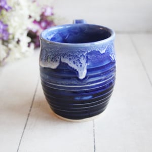 Image of Handcrafted Pottery Mug in Dripping Blue Glazes, 14 Ounce Gorgeous Artful Mug, Made in USA