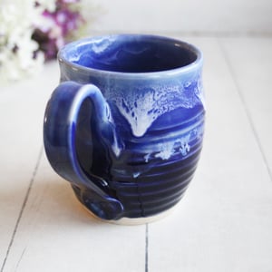 Image of Handcrafted Pottery Mug in Dripping Blue Glazes, 14 Ounce Gorgeous Artful Mug, Made in USA