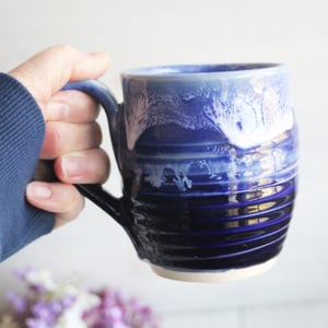 Image of Handcrafted Pottery Mug in Dripping Blue Glazes, 14 Ounce Gorgeous Artful Mug, Made in USA