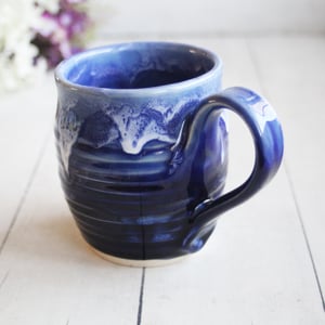 Image of Handcrafted Pottery Mug in Dripping Blue Glazes, 14 Ounce Gorgeous Artful Mug, Made in USA