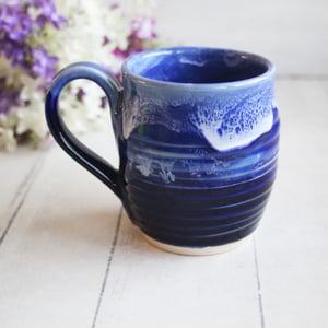 Image of Handcrafted Pottery Mug in Dripping Blue Glazes, 14 Ounce Gorgeous Artful Mug, Made in USA