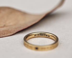 Image of 18ct Yellow gold 3mm, flat court,  Latin engraved ring.