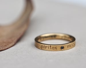 Image of 18ct Yellow gold 3mm, flat court,  Latin engraved ring.