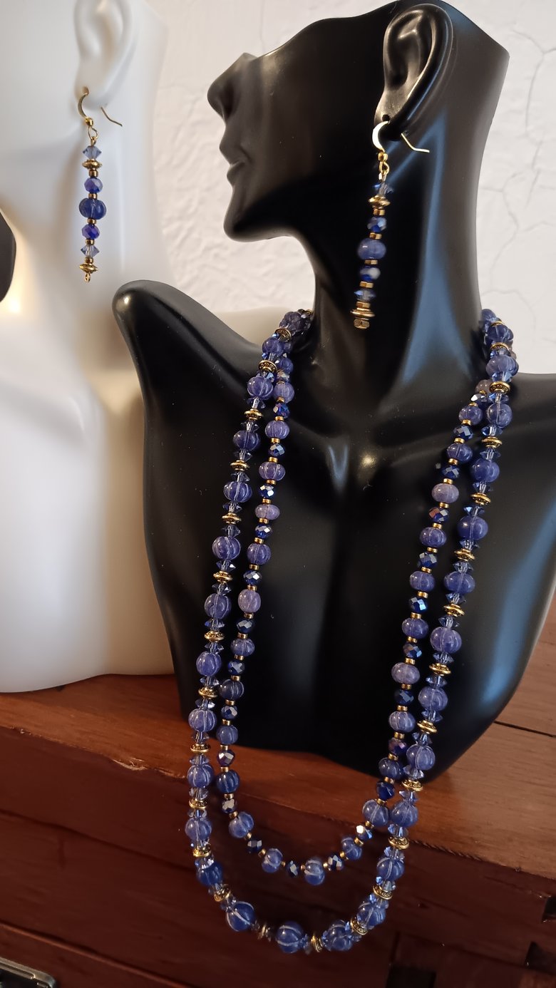 Image of CARVED SAPPHIRE BEADS W/GOLDEN HEMATITE BEADS  AND SWAROVSKI SPACERS