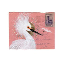 Image 1 of Snowy Egrets on Pink: Original Painting on Antique Envelope