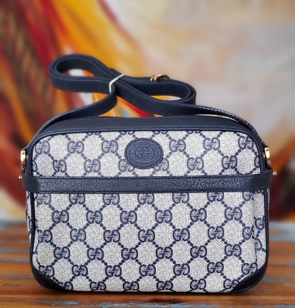 Image of Vtg Gucci Blue Monogram Cross Body Bag.