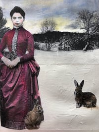 Winter scene vintage woman  mixed media painting with rabbits