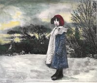 Vintage girl in winter  landscape scene original mixed media painting