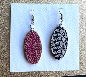 Image of Paper collaged oval wooden earrings No.3