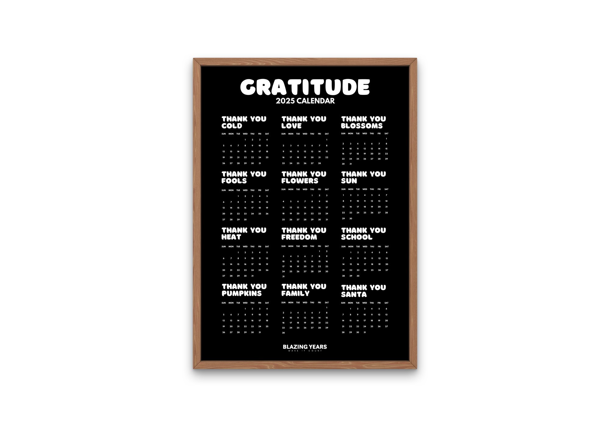 GRATITUDE 2025 Calendar (digital printable file) black | Blazing years gratitude-2025-calendar-digital-printable-file-black-blazing-years