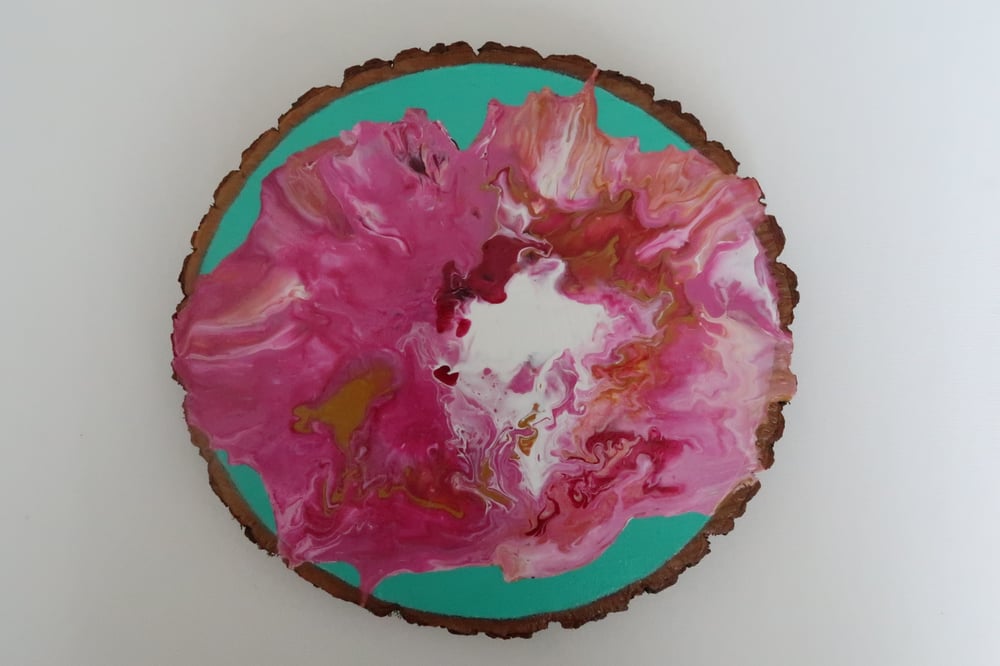 Image of Acrylic Pour on Wood- Pink & Teal