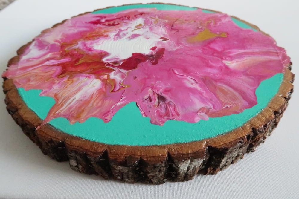 Image of Acrylic Pour on Wood- Pink & Teal