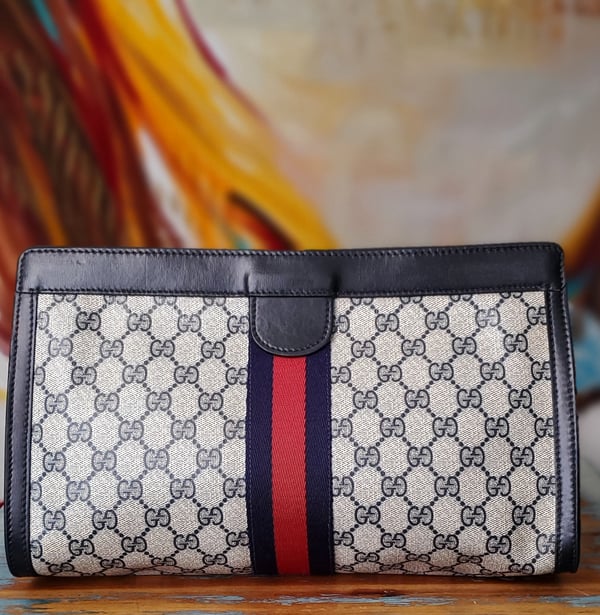 Image of Vtg Gucci XL Blue Monogram Clutch 