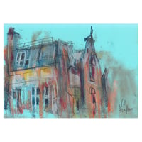 Image 1 of Western Infirmary Building from Byres Road - Sketchbook Drawing - Charcoal and Soft Pastels on Paper