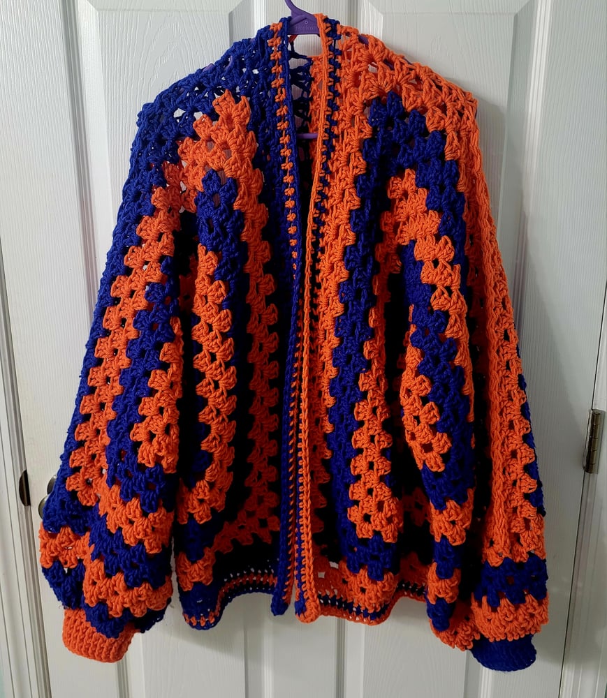 Image of Blue and Orange Crochet Cardigan Small to XLarge