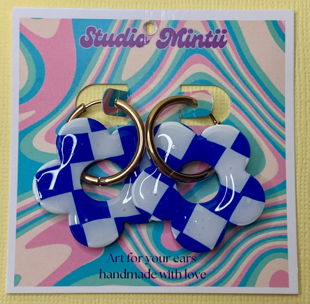 Image of White and Blue Checkerboard Flower Hoops