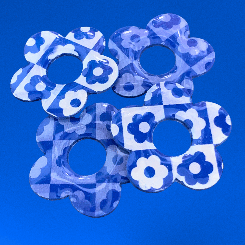 Image of Blue, White and Grey Checkerboard Flower Hoops