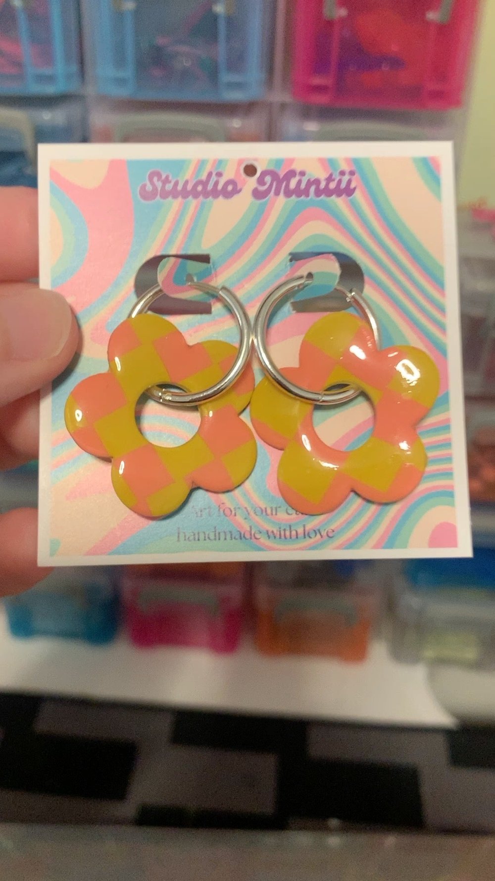 Image of Yellow and Peach Checkered Flower Hoops