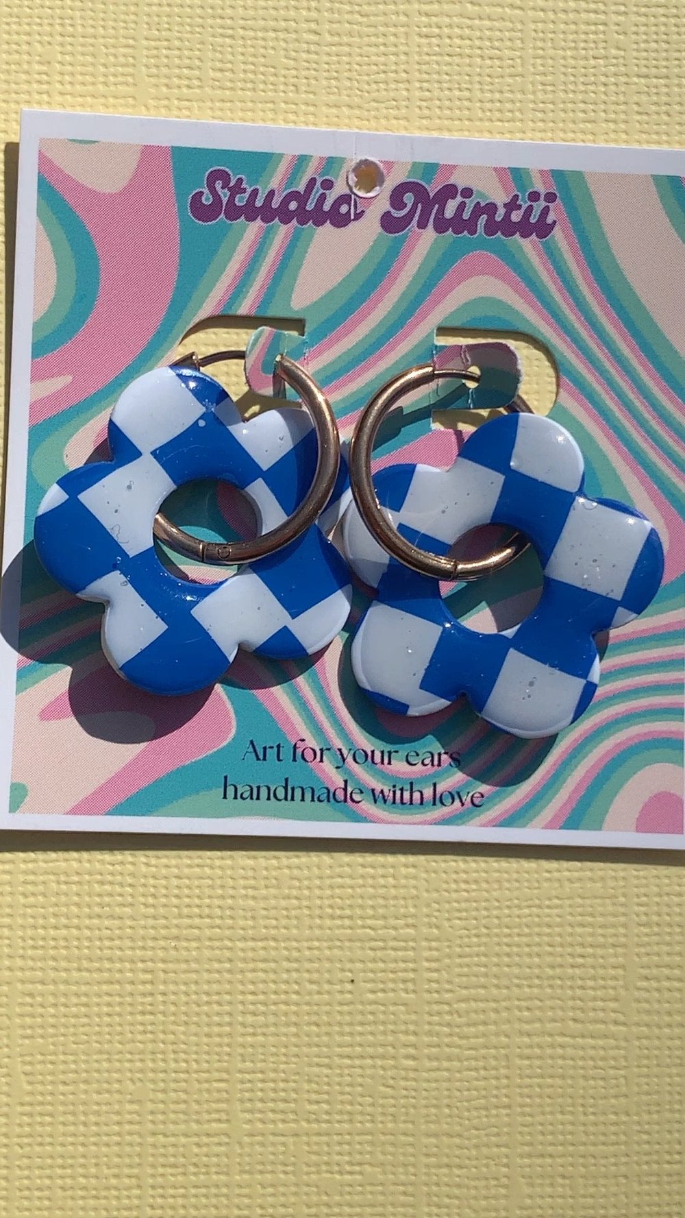 Image of White and Blue Checkerboard Flower Hoops