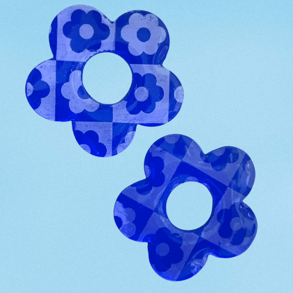 Image of Blue, White and Grey Checkerboard Flower Hoops