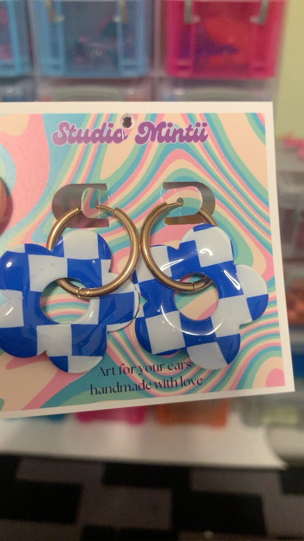 Image of White and Blue Checkerboard Flower Hoops