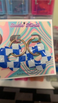 Image 3 of White and Blue Checkerboard Flower Hoops