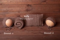 Image 2 of Knitted pillow wrap and bonnets set light brown
