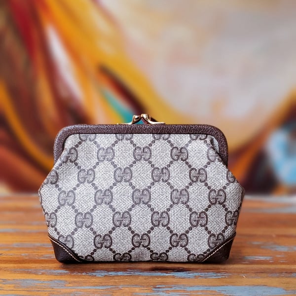 Image of Vtg Gucci Brown Monogram Kiss Lock Coin Purse 