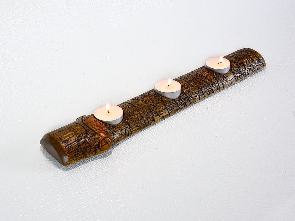 Image of Spruce wood strip of three tea lights candle holder, tea lights included, Candle Rustic Decor