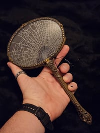 Image 1 of Ornate vintage Glass backed  Hand Mirror - With Real Preserved Spider Web