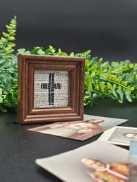 Image 1 of  Mini - Square 2 way Crucifix" 1800's bible page with preserved spider web A