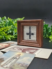 Image 2 of  Mini - Square 2 way Crucifix" 1800's bible page with preserved spider web A
