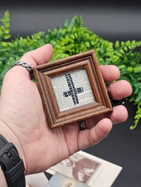 Image 4 of  Mini - Square 2 way Crucifix" 1800's bible page with preserved spider web A