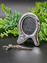 Image 1 of small  silver framed preserved spider web. 