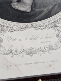 Image 2 of 1800s Bible page "a child is born" featuring Jesus with real preserved web