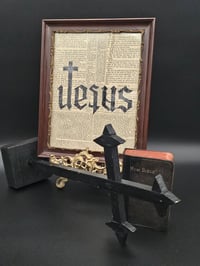 Image 2 of Jesus/Satan ambigram" 1800's bible page with preserved spider web - Antique frame