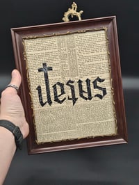 Image 4 of Jesus/Satan ambigram" 1800's bible page with preserved spider web - Antique frame