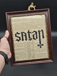 Image 1 of Jesus/Satan ambigram" 1800's bible page with preserved spider web - Antique frame