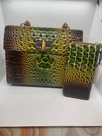 Image 1 of Brown and Green croc  embossed handbag