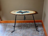 Image 1 of Handmande Life Edge Bass Wood Table Upper Peninsula of Michigan filled with river pebbles, epoxy