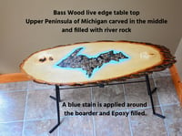 Image 3 of Handmande Life Edge Bass Wood Table Upper Peninsula of Michigan filled with river pebbles, epoxy