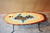 Image 8 of Handmande Life Edge Bass Wood Table Upper Peninsula of Michigan filled with river pebbles, epoxy