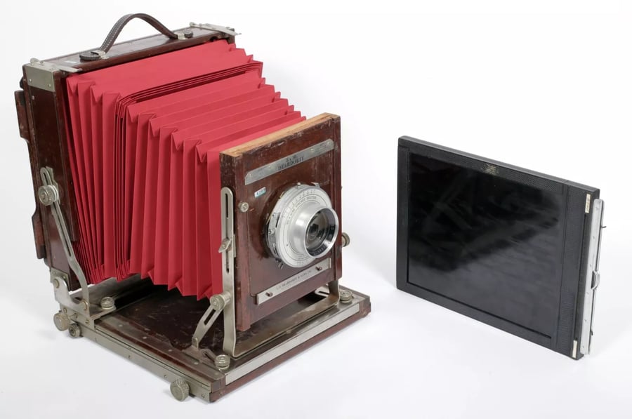 Image of Deardorff V8 8X10 Field camera w/ 305mm Kodak lens + holder NEW BELLOWS #4309