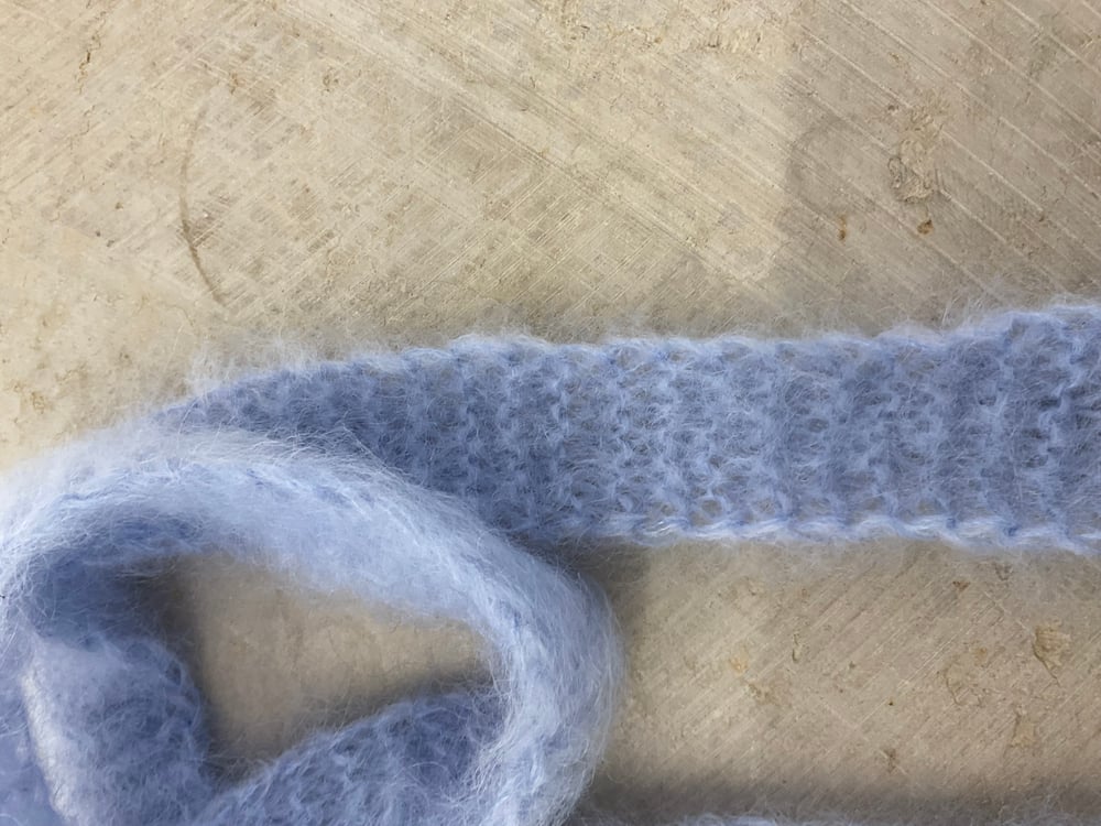 Hand knitted blue mohair micro scarf 