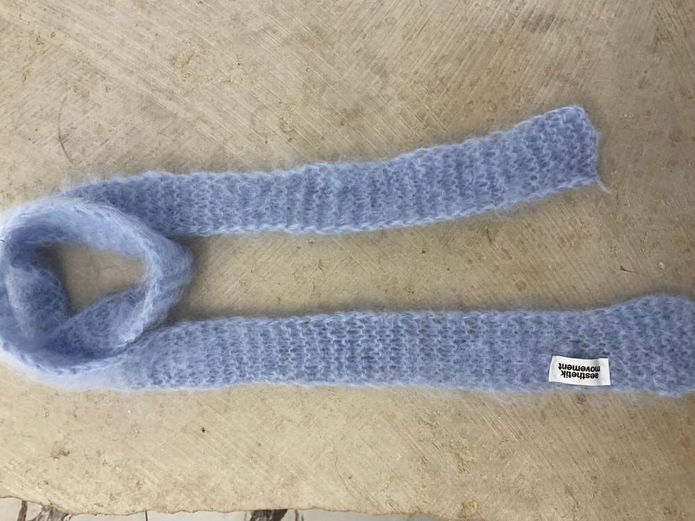 Hand knitted blue mohair micro scarf 