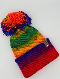 Image 3 of Rainbow Striped Knit Hat with Pom Pom 